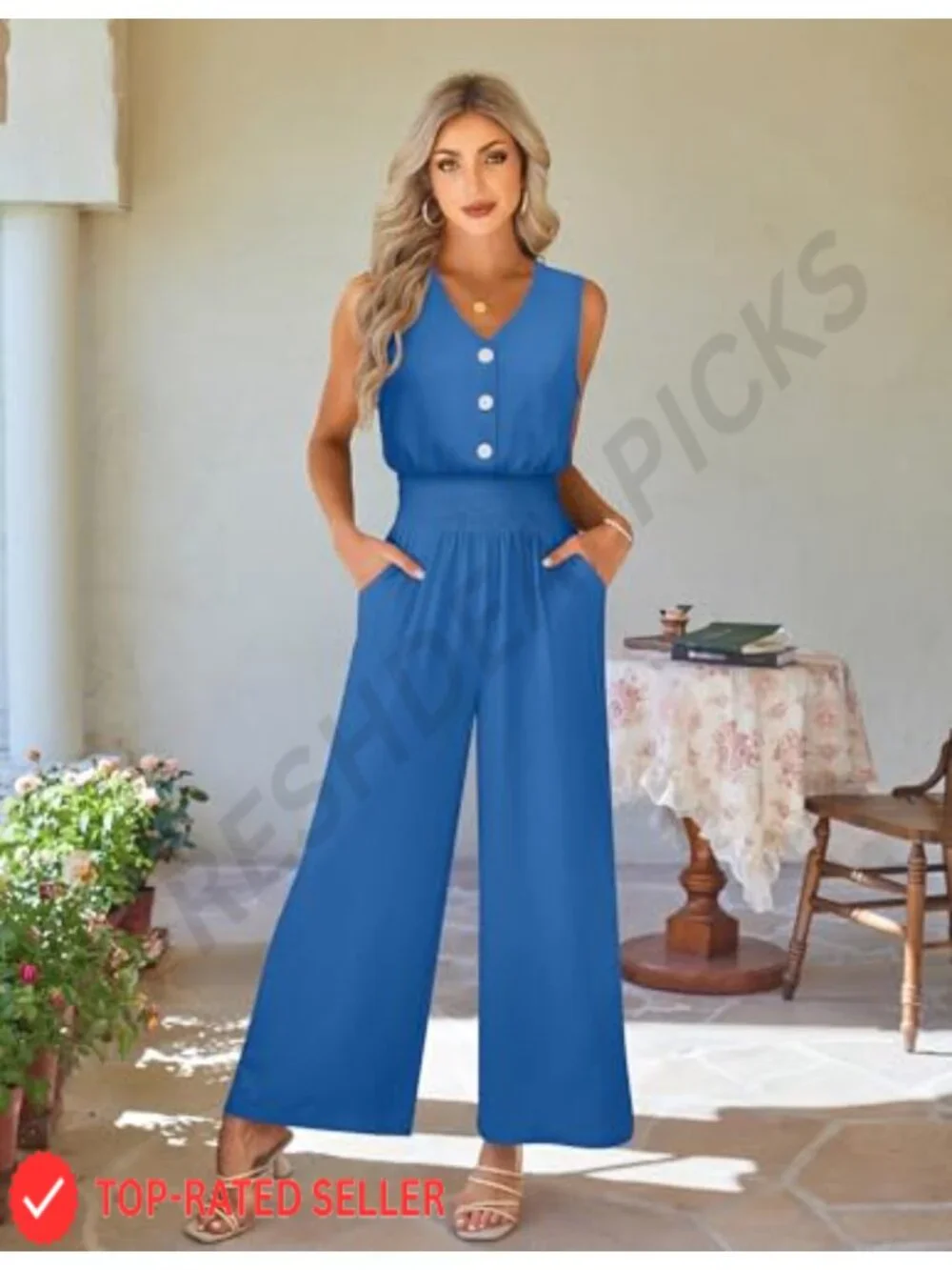 Dressy Casual Sleeveless Wide Leg Jumpsuit with Pockets, Smocked Waist